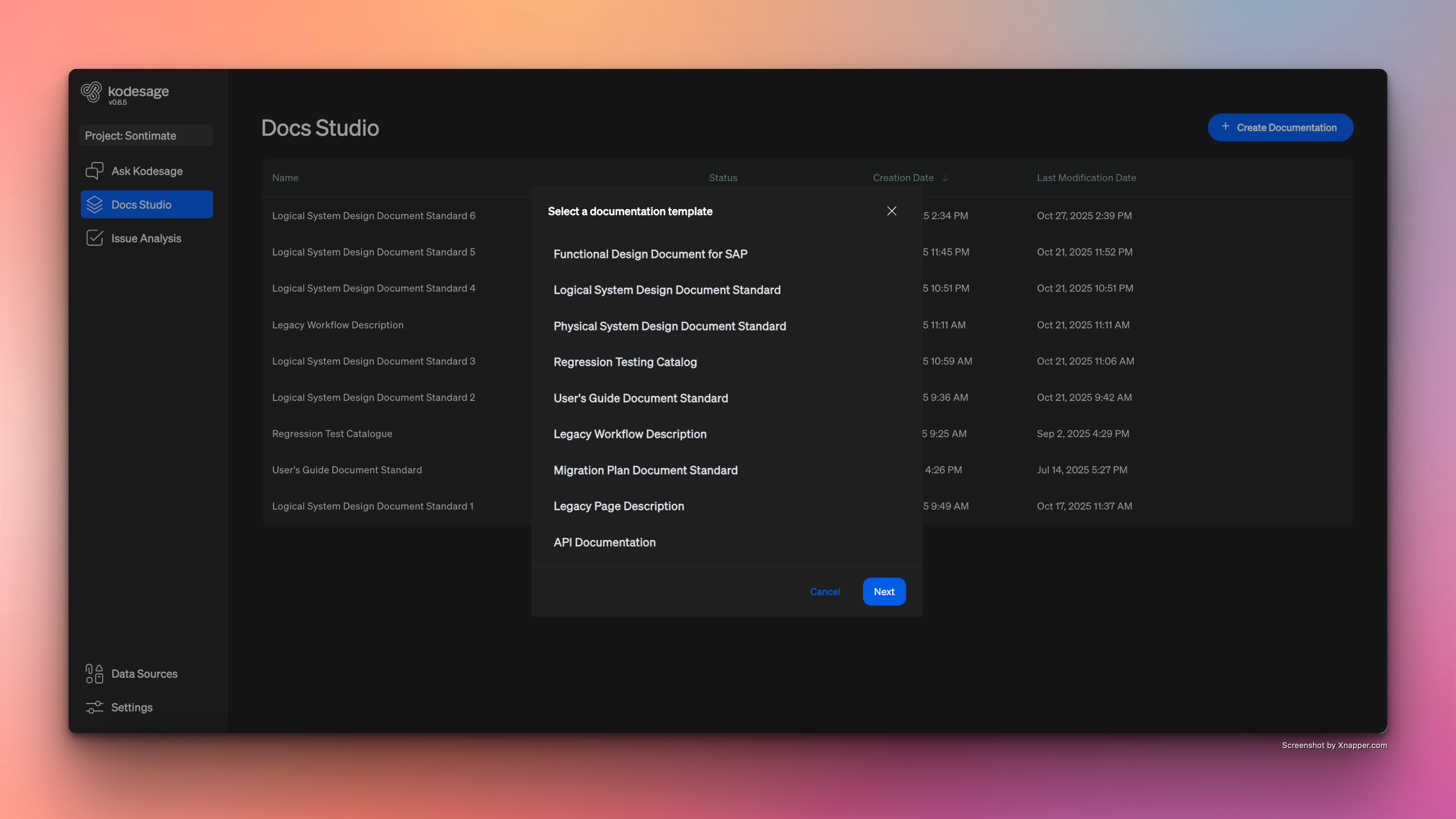 Kodesage docs studio - template selection