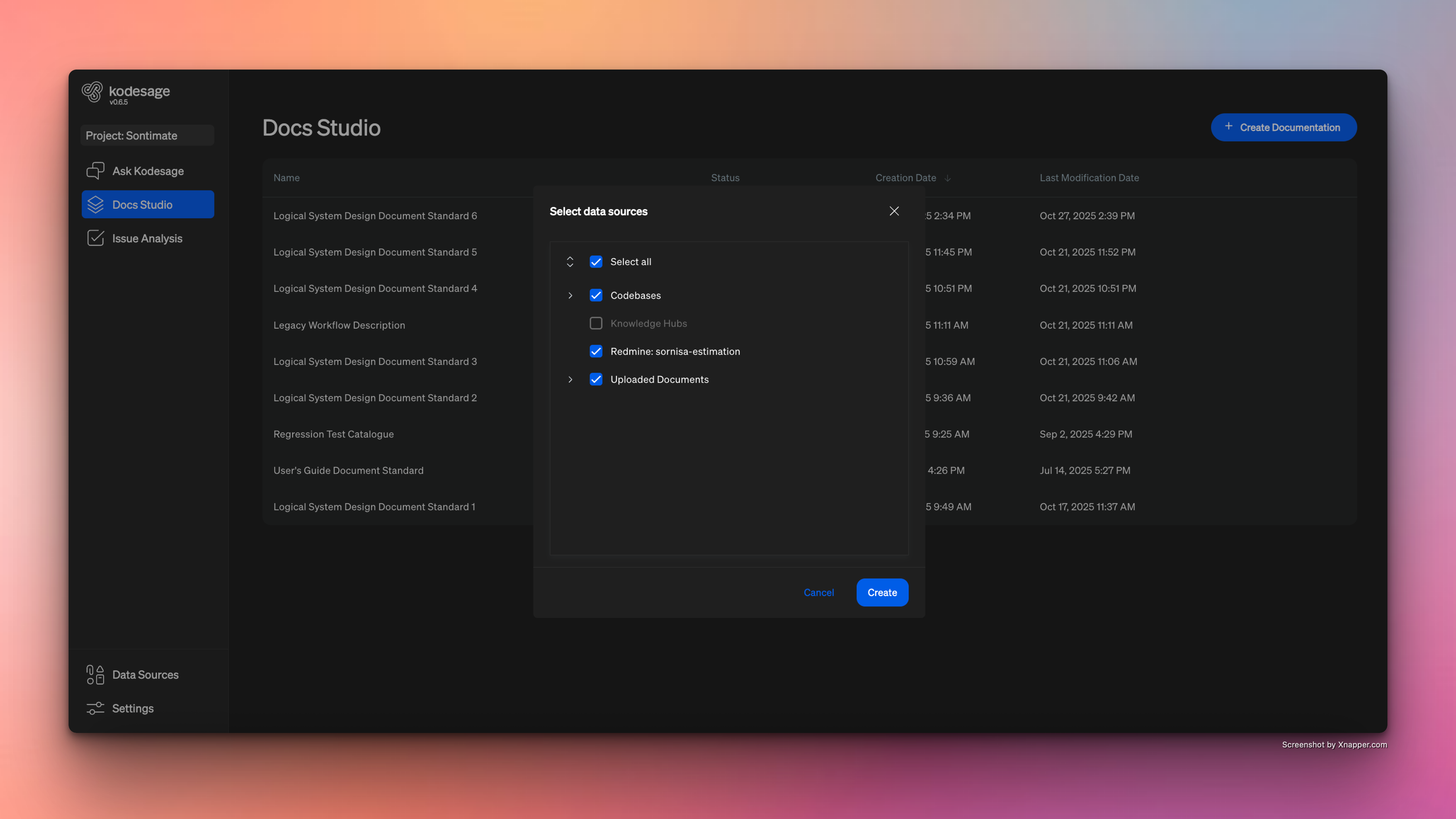 Kodesage docs studio - data source selection